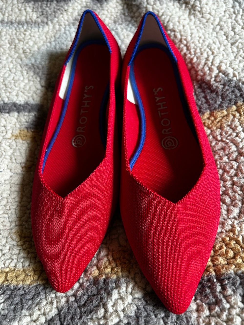 Rothy's Red Pointed-Toe Knit Flats with Blue Trim